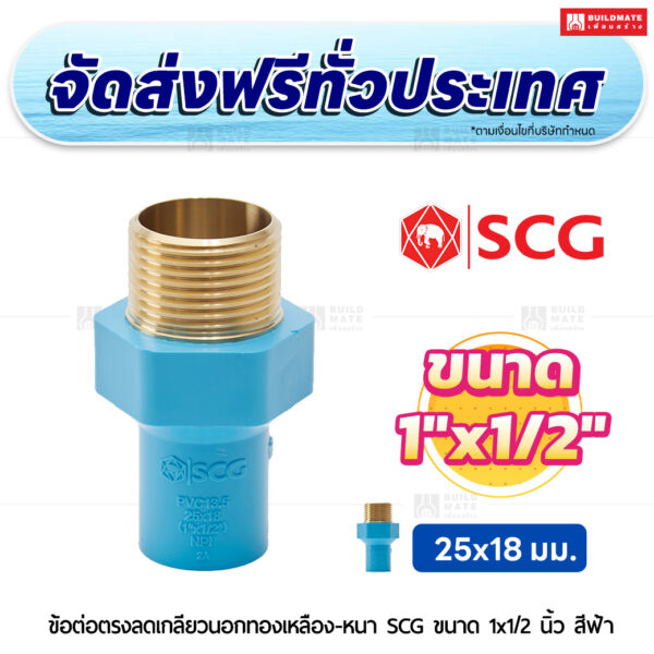 ข้อต่อตรงลดเกลียวนอกทองเหลือง หนา SCG ขนาด 1x1/2 นิ้ว สีฟ้า