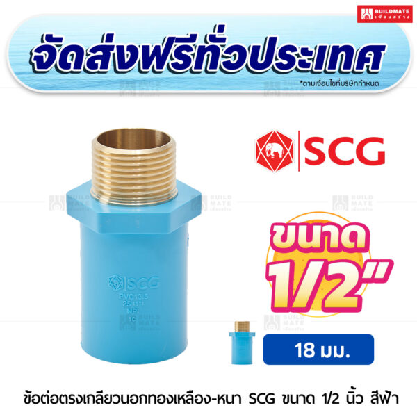 ข้อต่อตรงเกลียวนอกทองเหลือง หนา SCG ขนาด 1/2 นิ้ว สีฟ้า