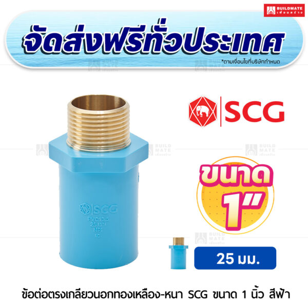 ข้อต่อตรงเกลียวนอกทองเหลือง หนา SCG ขนาด 1 นิ้ว สีฟ้า