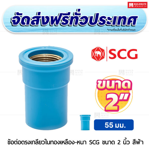 ข้อต่อตรงเกลียวในทองเหลือง หนา SCG ขนาด 2 นิ้ว สีฟ้า