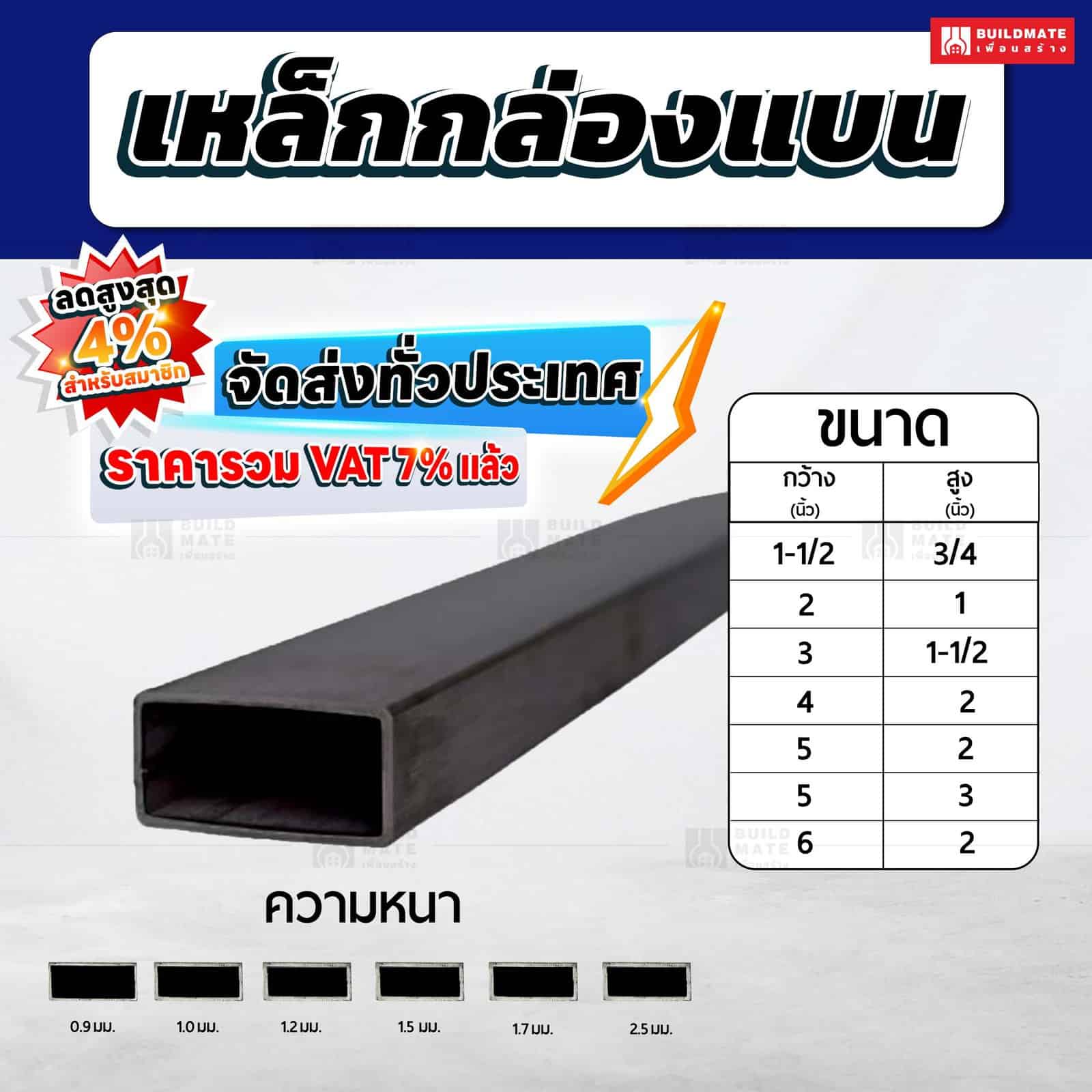 เหล็กกล่องแบน เหล็กแป๊ปแบน เหล็กกล่องไม้ขีด ดำ - Buildmate.co.th