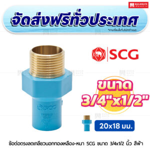 ข้อต่อตรงลดเกลียวนอกทองเหลือง หนา SCG ขนาด 3/4x1/2 นิ้ว สีฟ้า