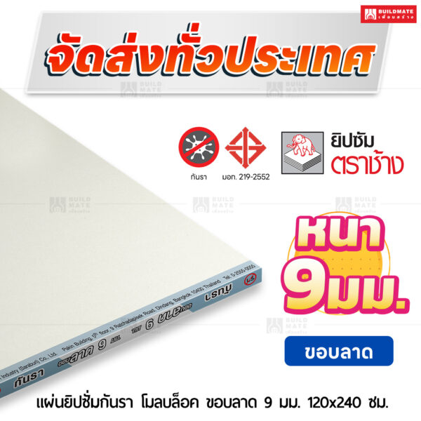 แผ่นยิปซั่มกันรา โมลบล็อค ขอบลาด 9 มม. ขนาด 120x240 ซม. ตราช้าง