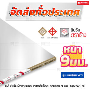 แผ่นยิปซั่มชายคา เวเทอร์บล็อค แบบเรียบ W0 ขอบลาด 9 มม. ขนาด 120x240 ซม. ตราช้าง