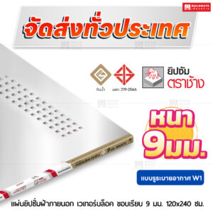 แผ่นยิปซั่มชายคา เวเทอร์บล็อค แบบรูระบายอากาศ W2 ขอบเรียบ 9 มม. ขนาด 120x240 ซม. ตราช้าง