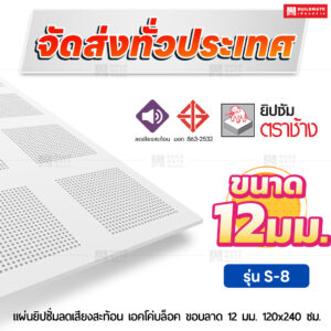 แผ่นยิปซั่มลดเสียงสะท้อน เอคโค่บล็อค S-8 ขอบลาด 12 มม. ขนาด 120x240 ซม. ตราช้าง