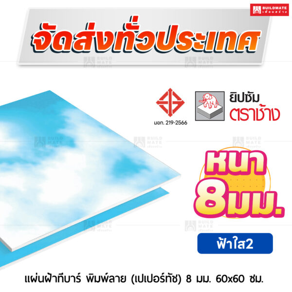 แผ่นฝ้าทีบาร์ พิมพ์ลาย (เปเปอร์ทัช) ลายฟ้าใส2 8 มม. ขนาด 60x60 ซม. ตราช้าง