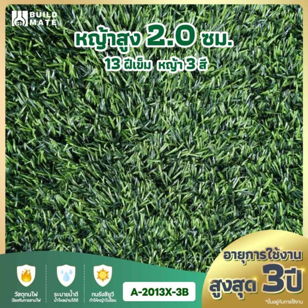หญ้าเทียม ความสูง 2.0 ซม. 13 ฝีเข็ม 3 สี หน้ากว้าง 2 ม. x ยาว 25 ม. อายุการใช้งานสูงสุด 3 ปี (A-2013X-3B)
