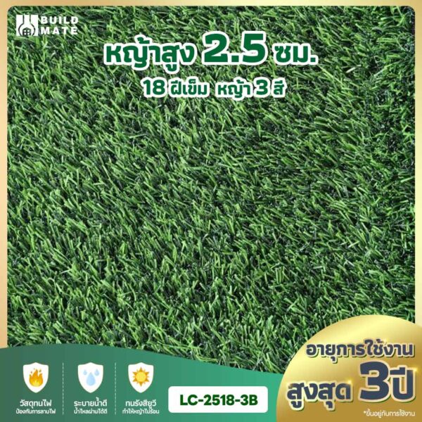 หญ้าเทียม ความสูง 2.5 ซม. 18 ฝีเข็ม 3 สี หน้ากว้าง 2 ม. x ยาว 25 ม. อายุการใช้งานสูงสุด 3 ปี (LC-2518-3B)